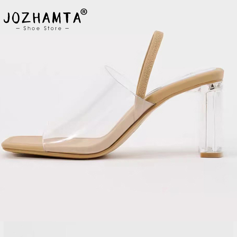 2025 new Size JOZHAMTA 34-43 Women Mule Sandals Pvc Clear Thick High Heels Summer Shoes 2025 Ins Fashion Party Dress Office Lady Slides fb57