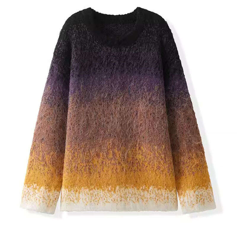 Mohair gradient contrasting color V-neck for women in autumn and winter, lazy style, casual, loose, medium to long knitted sweater top
