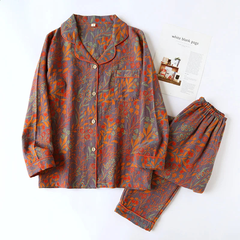 Vintage Womens Pajamas Cotton Yarn Long Sleeve Pants Sleepwear Lapel Cardigan Home Clothes Soft Casual Set Woman 2 Pieces 240911