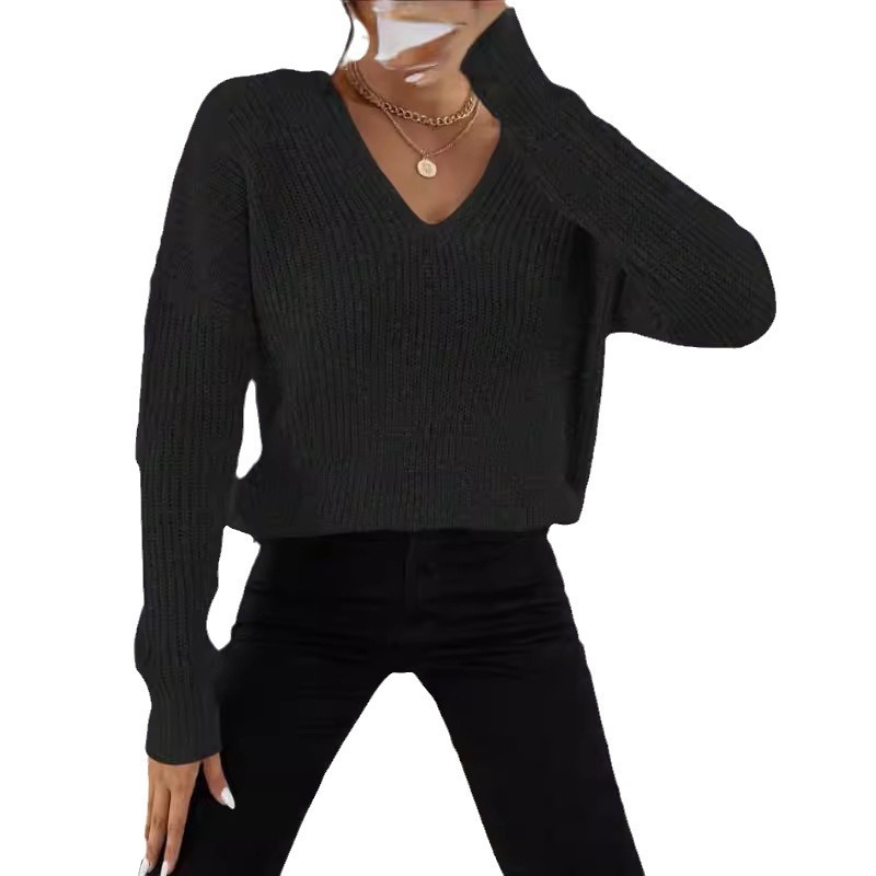 dongdumaoyi New women's style V-neck sweater fashionable long sleeved knitted sweater loose solid color knitted top F0914#42