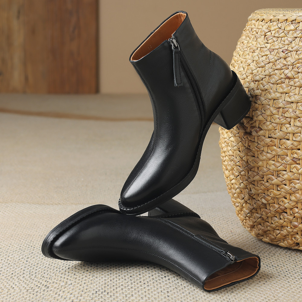 genuine Women's leather 5cm thick med heel pointed toe side zip autumn ankle boots elegant ladies black slim short booties shoes cdeb