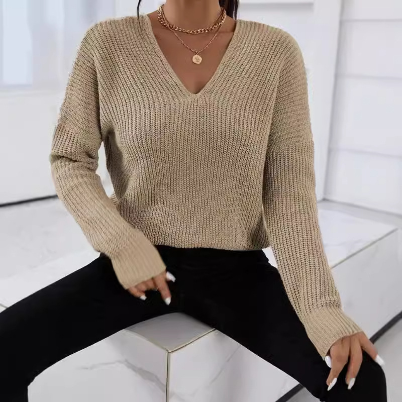 dongdumaoyi New women's style V-neck sweater fashionable long sleeved knitted sweater loose solid color knitted top F0914#42