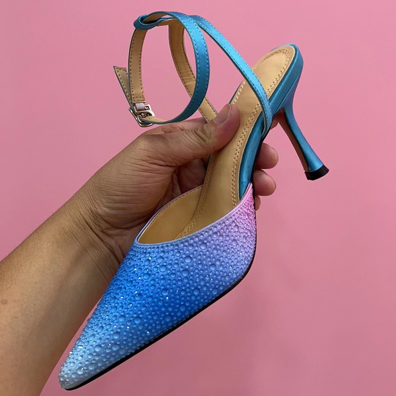 Rhinestone Wrapped Sandals Women 2024 Summer New Silk Fine Heel Pointy Strap High Heels