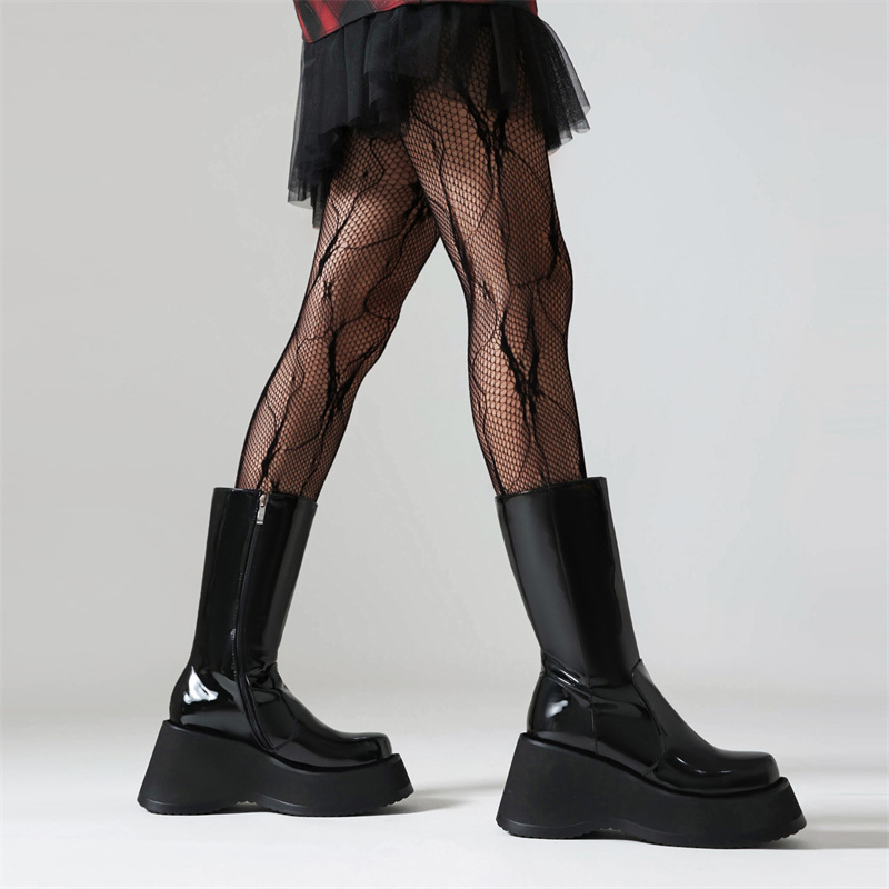 Women's Sexy Mid-calf High Platform Punk Goth Wedge Heels Black Combat Boots Autumn Winter Party Dance Shoes Ladies Brand 1dcd