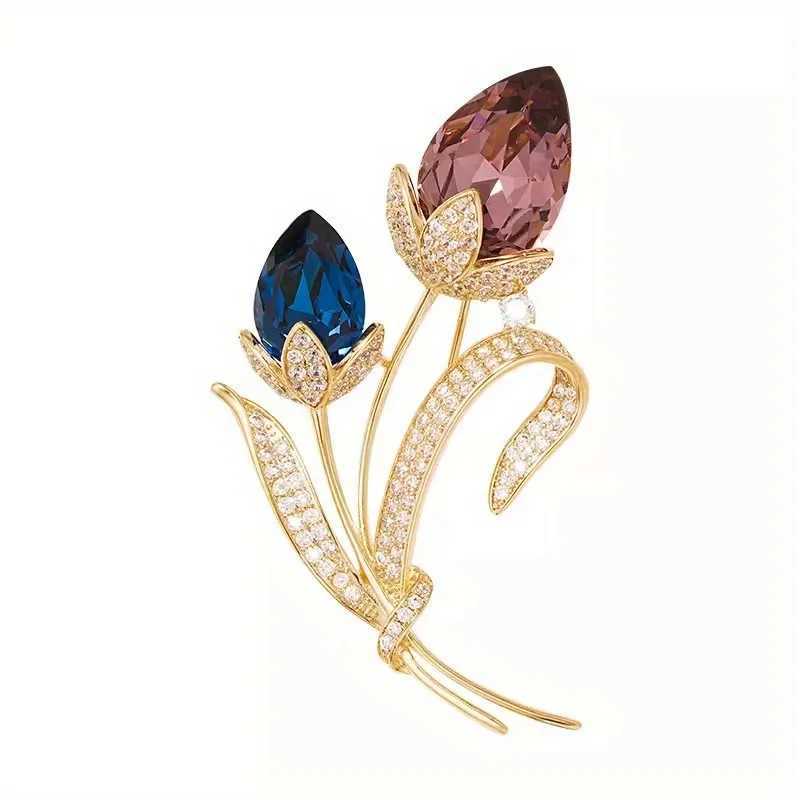 Ladies Novelty Retro Twin Flower Brooch High-grade Womens Exquisite Crystal Flower Corsage Anti-slip Pin Suit AccessoriesX240914
