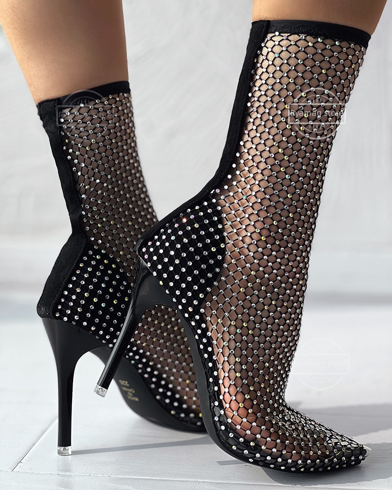Sandals Women's Fishnet Mesh Rhinestone Stiletto Heel Boots Nightclub Crystal Bling Summer Super Stiletto High Heels Gladiator