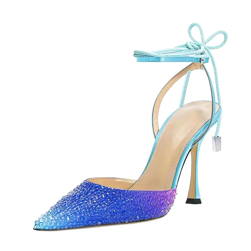 Rhinestone Wrapped Sandals Women 2024 Summer New Silk Fine Heel Pointy Strap High Heels