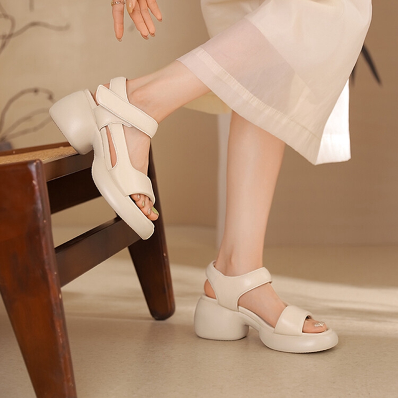 Summer NEW Genuine Leather for Women Round Chunky Open Toe Thick New Heel Shoes Platform Sandals 4283 Platm