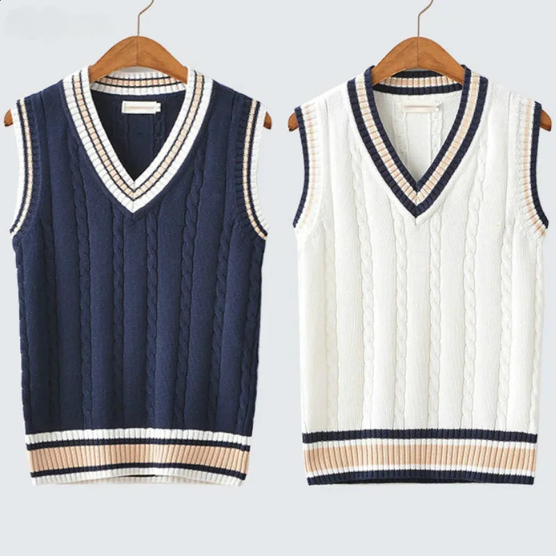 Sweater Vest Men Thicken V-neck Sleeveless Knitted Sweaters Vests Striped Retro Preppy-style Simple Chic Loose Casual All-match 240924