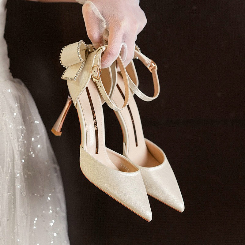 2024 Star style Women Satin Pumps Fashion Rhinestones Stiletto High heels Party Shoes Summer Butterfly-knot Wedding Shoes