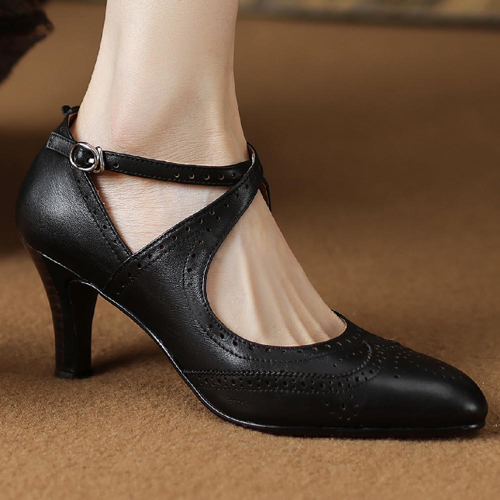 Women's genuine leather thin high heel cross strap carving british style elegant ladies retro daily slim dress pumps shoes