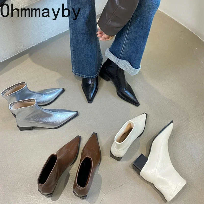 Toe Pointed Women Ankle Boots Fashion Thick Heel Slimming Short Booties Autumn Winter Soft Leather Female Shoes 2d1e