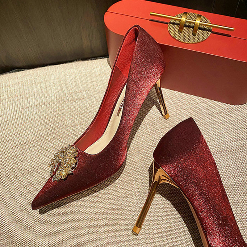 2024 Brand Wedding Shoes Female Pearl Rhinestone Crystal Shoes Stiletto Red Bridal Shoes High Heels