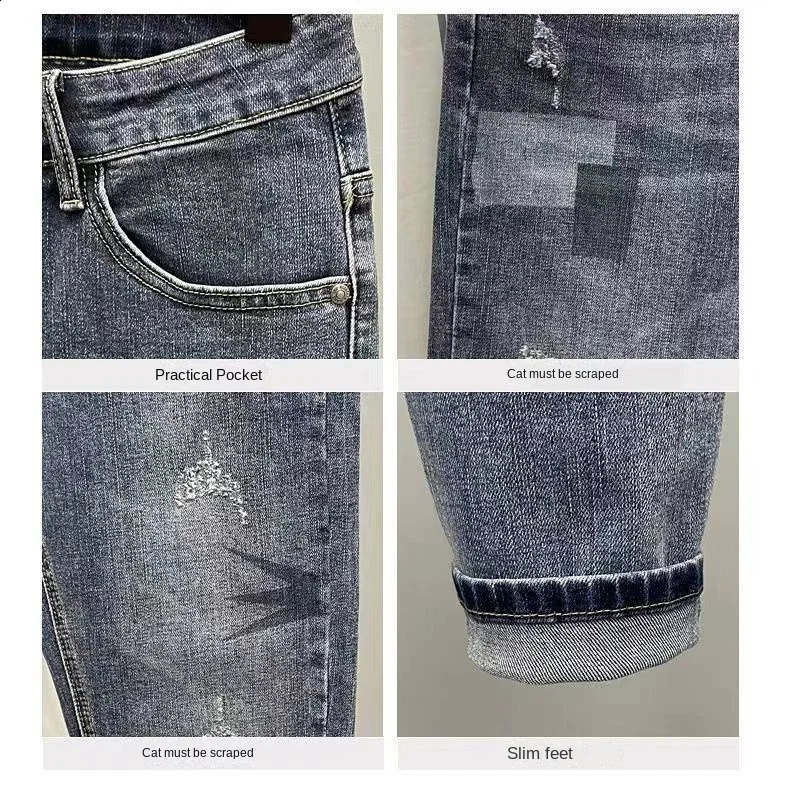 Arrival Fashion Mens Jeans Splicing Cat Whiskers Ripped Scratched Clothing Slim Fit Tapered Legs Slim Jeans 240905