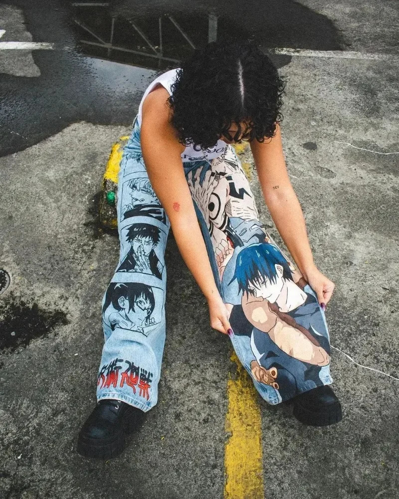 Y2K baggy jeans Anime Harajuku print pattern Vintage Streetwear fashion Hip Hop men women high waisted Casual wide leg 240913