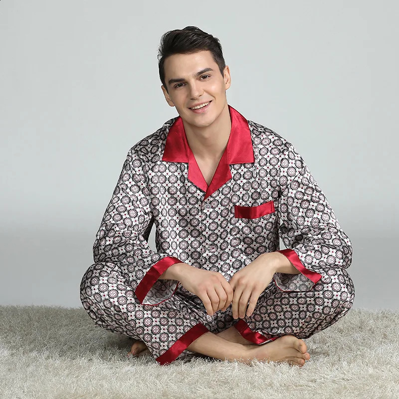PLUS SIZE Mens Pajamas 2PCS Sleepwear Set Spring Autumn Long Sleeve Trouser Pijamas Suit Loose Print Silk Satin Lounge Wear 240905