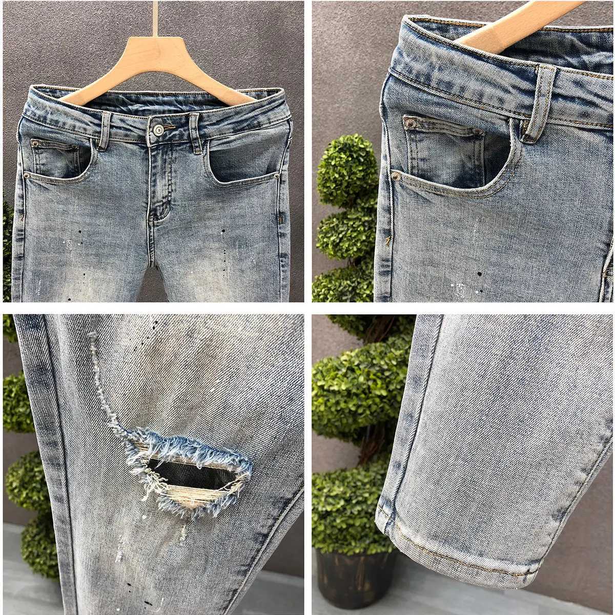 Fashion designer mens slim fit jeans with ink splatter and cracked holes suitable for spring and autumn casual wear strict fashion pencil pants CL2409