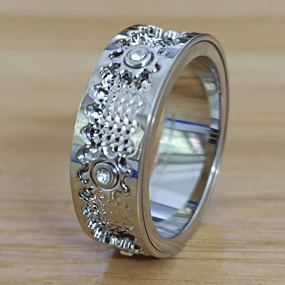 Ladies stainless steel crystal zircon inlaid with gear swing ring ious wedding party jewelry couple gift 240905