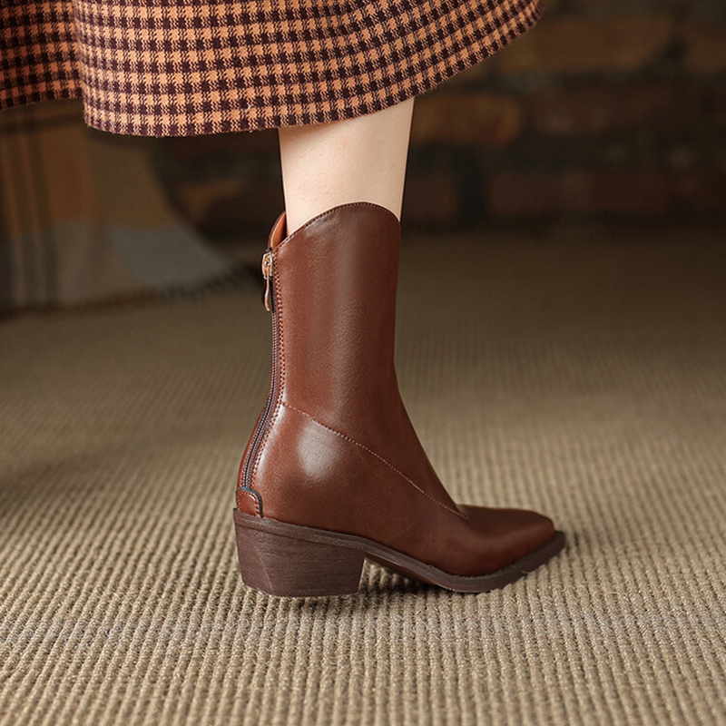 Fashion NEW Split Leather Square Toe Chunky Shoes Winter Zipper Western Women Solid High Heel Boots 686d