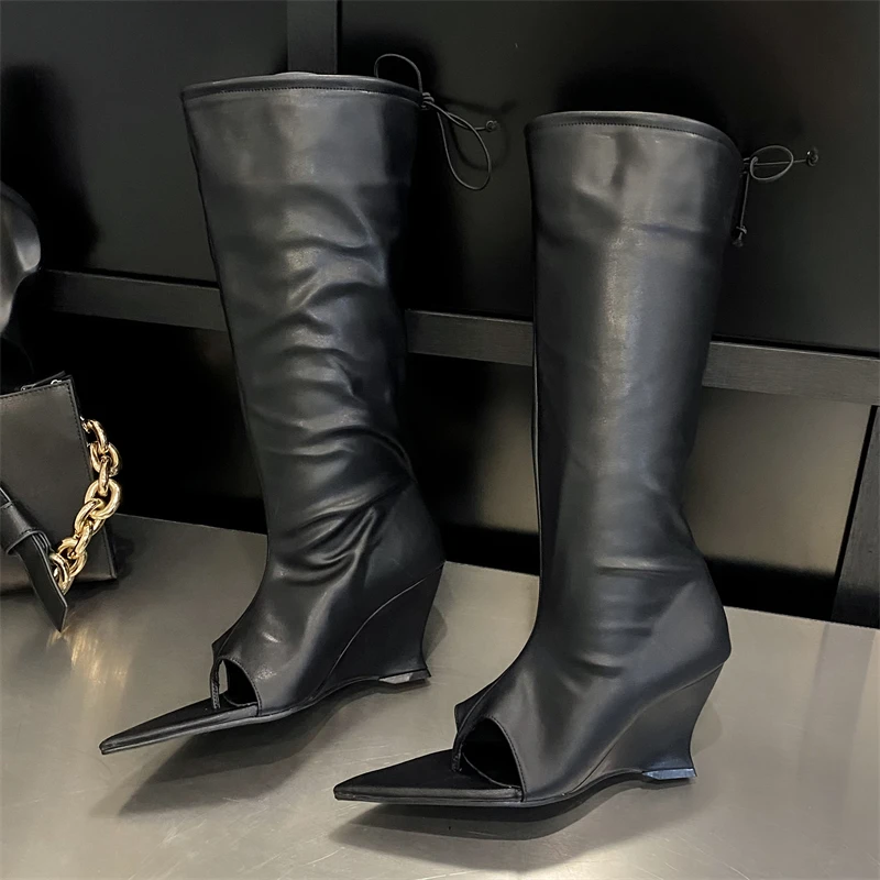 Eilyken Street Style Pointed Open Toe Clip-On Women Knee High Boots Pleated Wedges Heels Party Booties Largas De Mujer a091