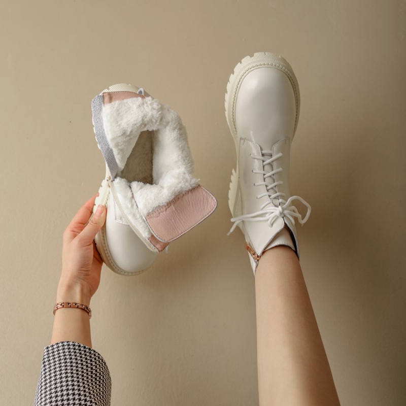 Round Autumn Toe Thick Heel Patent Leather Winter Blended Wool Platform Snow Boots Warm Shoes for Women a3f9