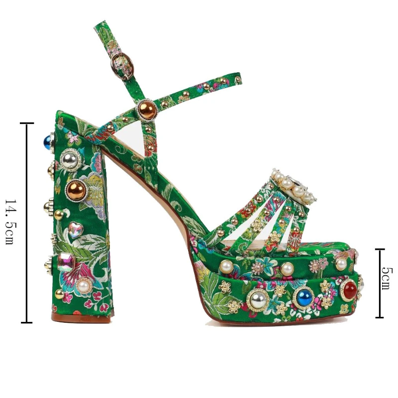 Summer 2024 Satin Rhie Gem Sandals 14.5Cm Open Toe Thick Quality Platform Shiny Women's New High Heel Shoes Size34-43 73Da