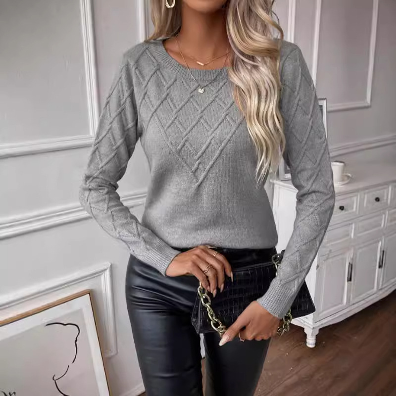 dongdumaoyi New women's sweater fashion pullover round neck long sleeved diamond grid solid color top knitted sweater F0914#45