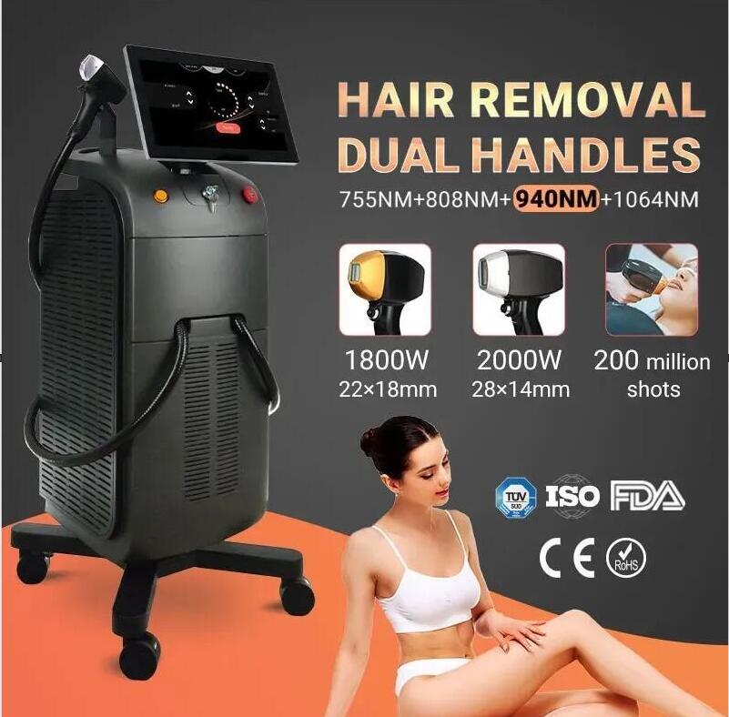 Powerful commercial diode laser hair removal machine 755 940 808 1064nm diode laser wih 2 handles 2000w +1800 watts 2 times parmanebtly removal hair b