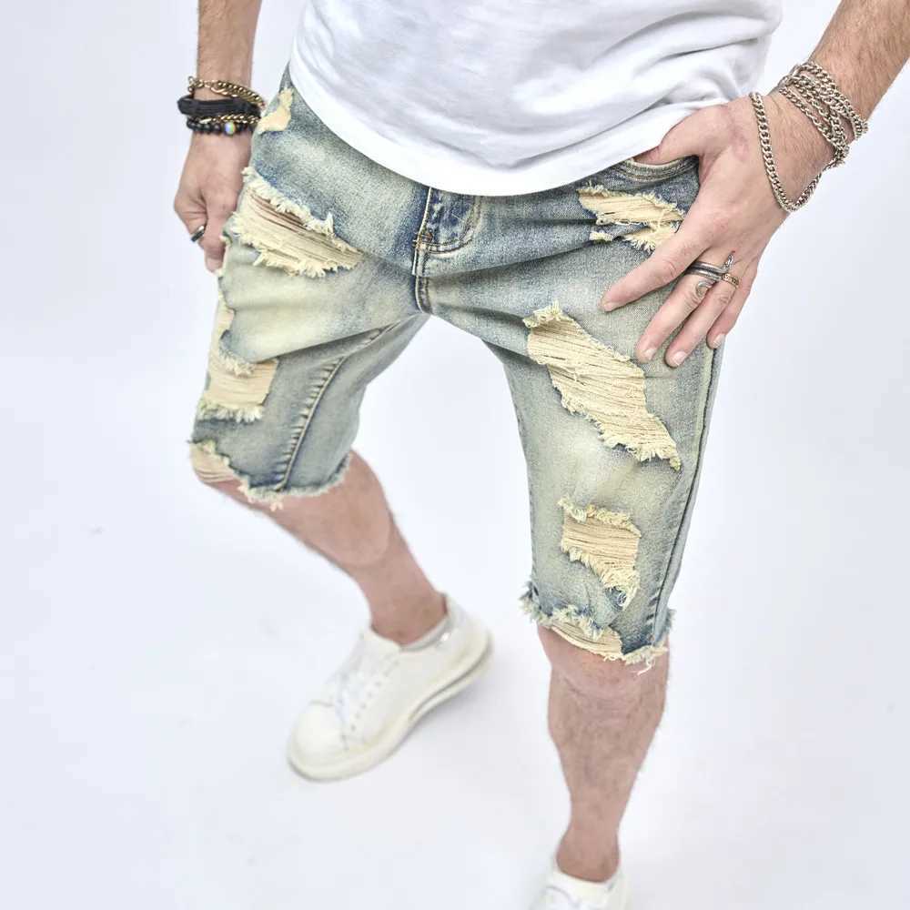 Summer Retro Style Ripped Men Slim Denim Shorts Stylish Cotton Men Street Holes Casual Beach Straight ShortsX240914