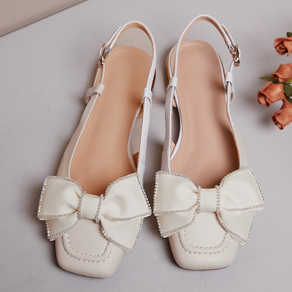 genuine Women's leather sgback slip-on sandals square toe sweet bowtie korean style summer New flats sandalias shoes women 2108