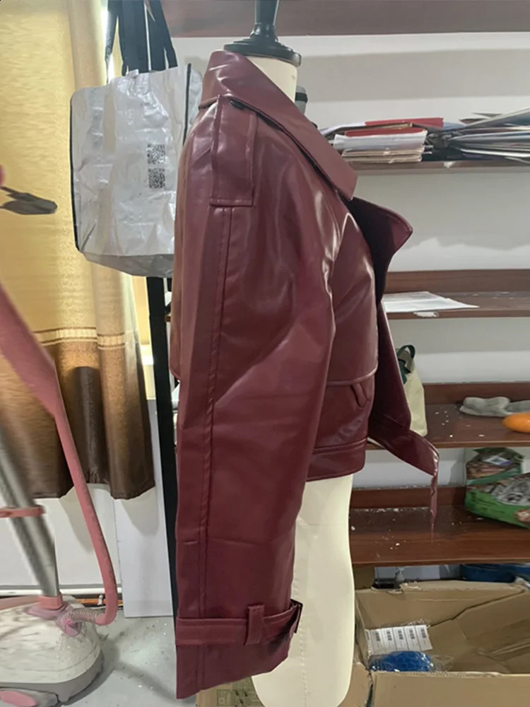 Elegant Vintage Wine Red Lapel Long Sleeve Jacket Chic Belt Slim Cropped Coat Spring Fashion Lady High Street Party Outerwear 240911