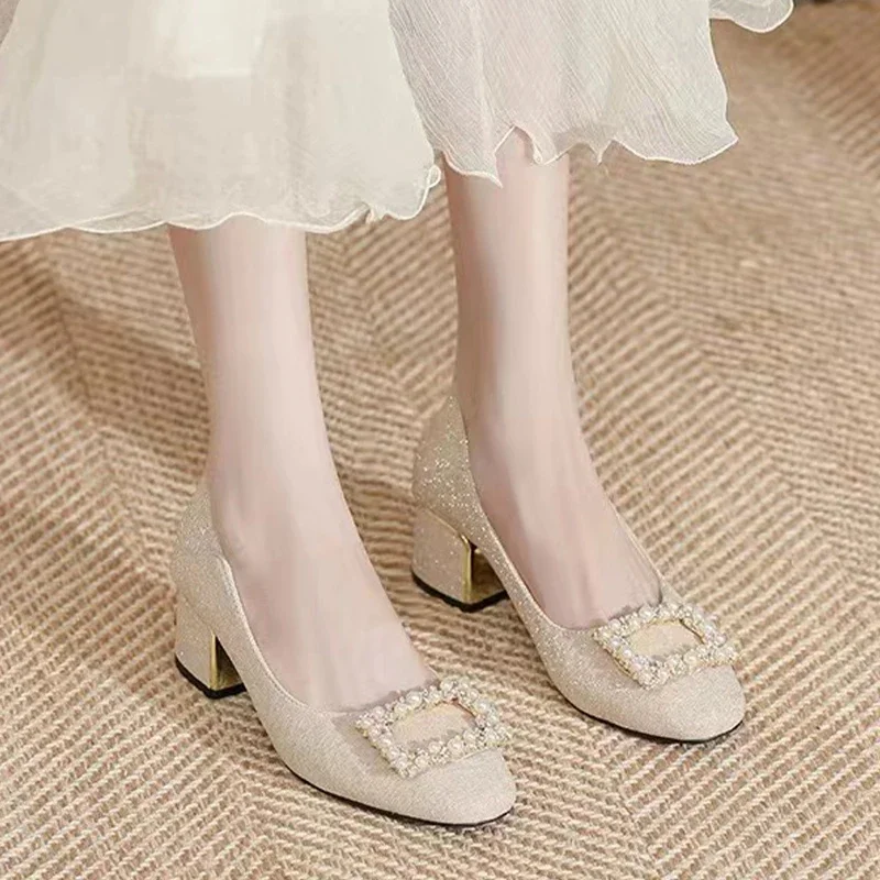 Summer Women Crystal Beaded High Heels Chunky Fashion Dress Shoes Elegant Shallow Femme Pumps ec72