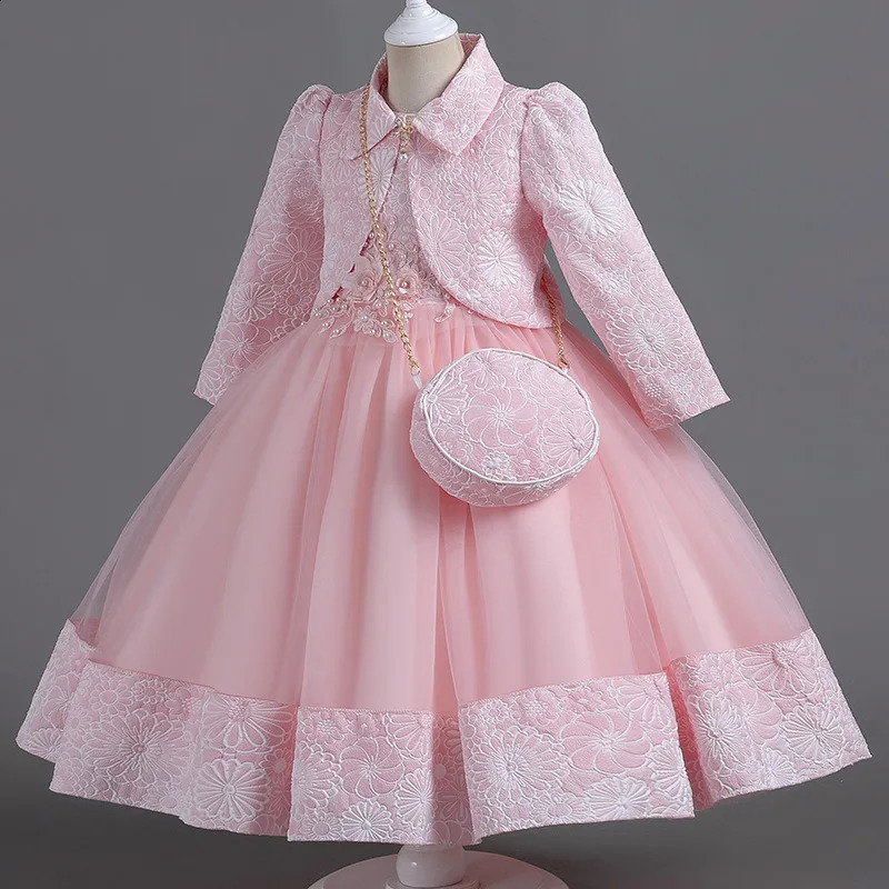 Girl Dress Fluffy Yarn Princess Dress Three Piece Set High end Long Sleeve Birthday Wedding Dress 240913