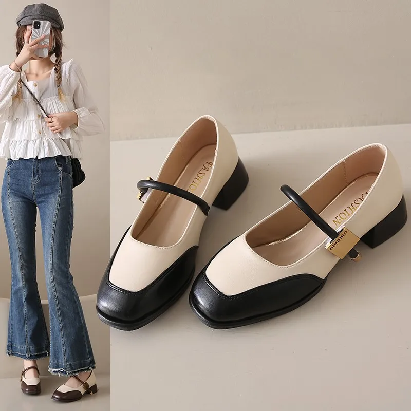 color Soft blocked low order for women 2024 new square toe shallow mouth Mary Jane small leather shoes 5159 shal