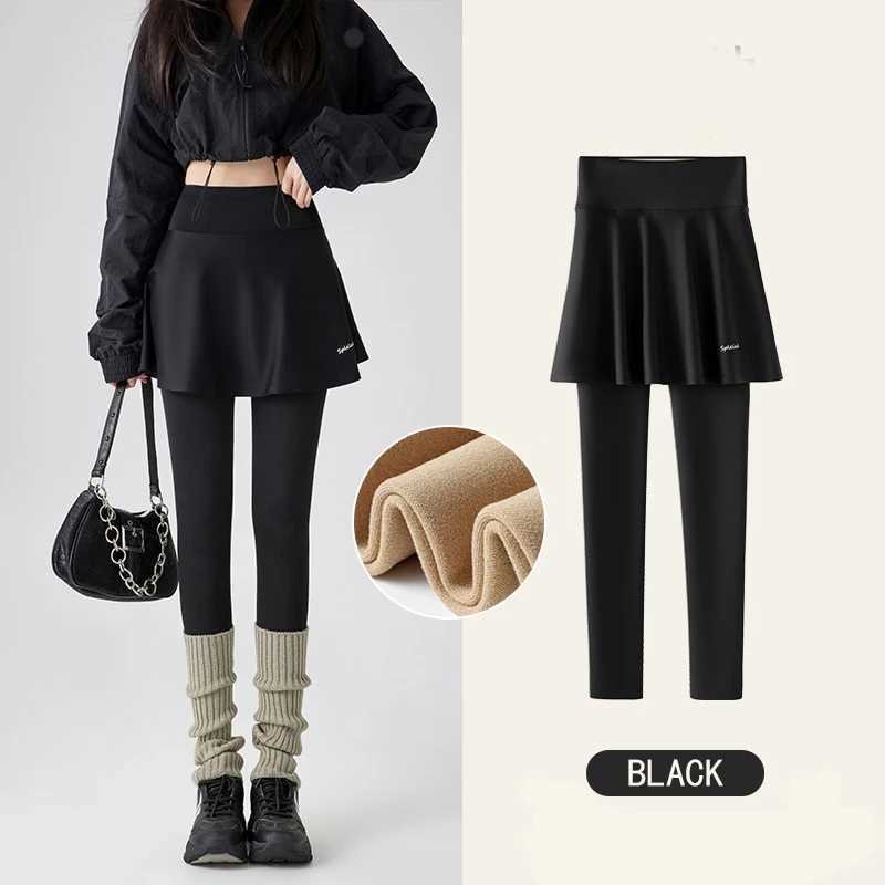 Fleece Leggings Autumn Winter A-Skirt Warm Fake Two-Piece Shark Pants Women High Waist Sports Yoga Seamless LeggingsX240914