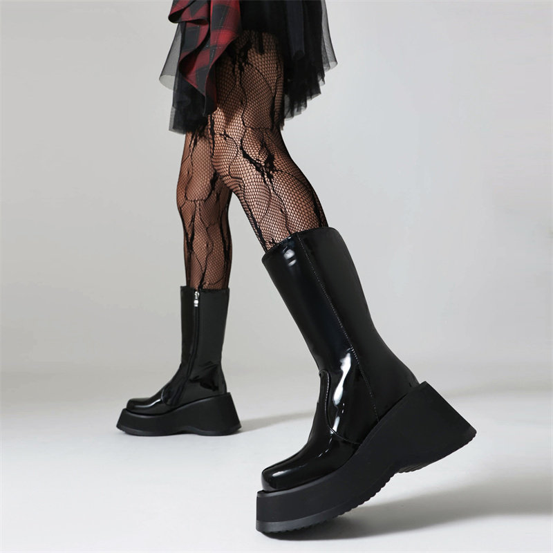 Women's Sexy Mid-calf High Platform Punk Goth Wedge Heels Black Combat Boots Autumn Winter Party Dance Shoes Ladies Brand 1dcd