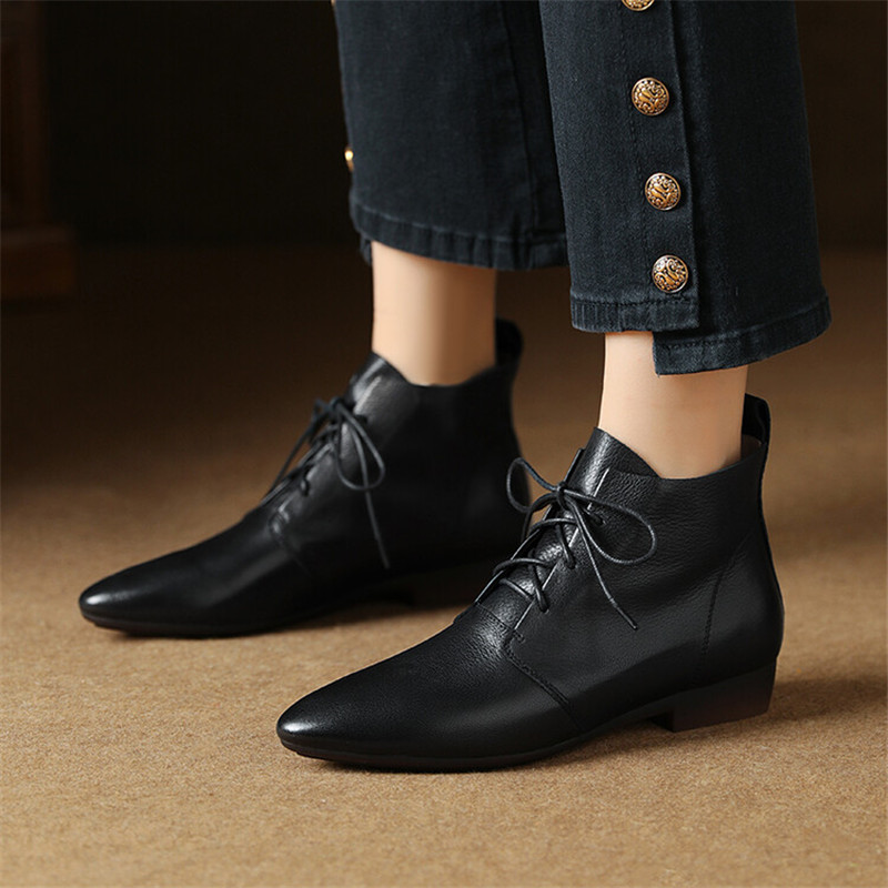 2023 New Autumn Genuine Leather Women Boots Round Toe Low Heel Ankle Boots for Women Winter Fashion Boots Lace-up Women Shoes