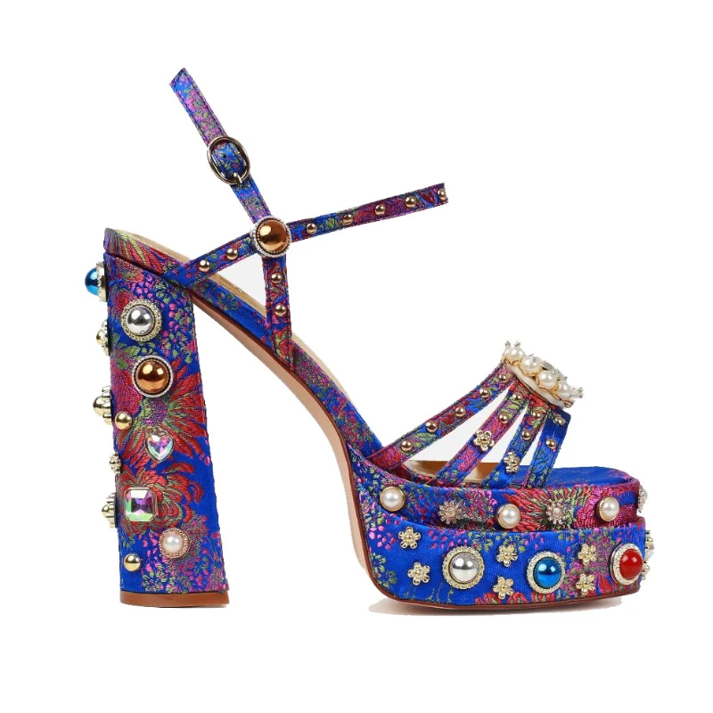 Summer 2024 Satin Rhie Gem Sandals 14.5Cm Open Toe Thick Quality Platform Shiny Women's New High Heel Shoes Size34-43 73Da