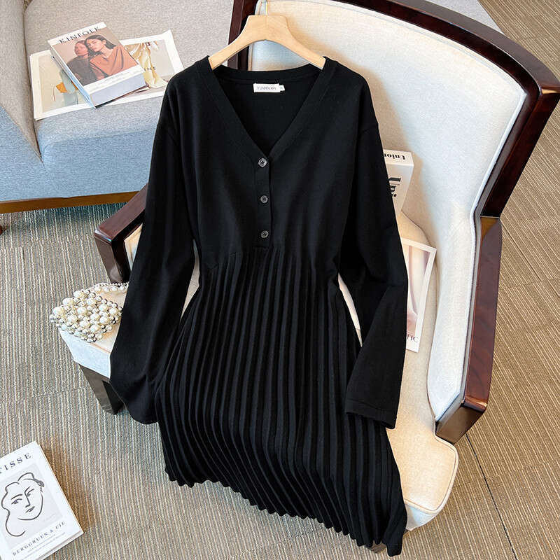 155Kg Plus Size Women's Bust 160 Spring Autumn New Loose V-Neck A-E Sweater Dress Black Apricot 5Xl 6Xl 7Xl 8Xl 9Xl 10Xl