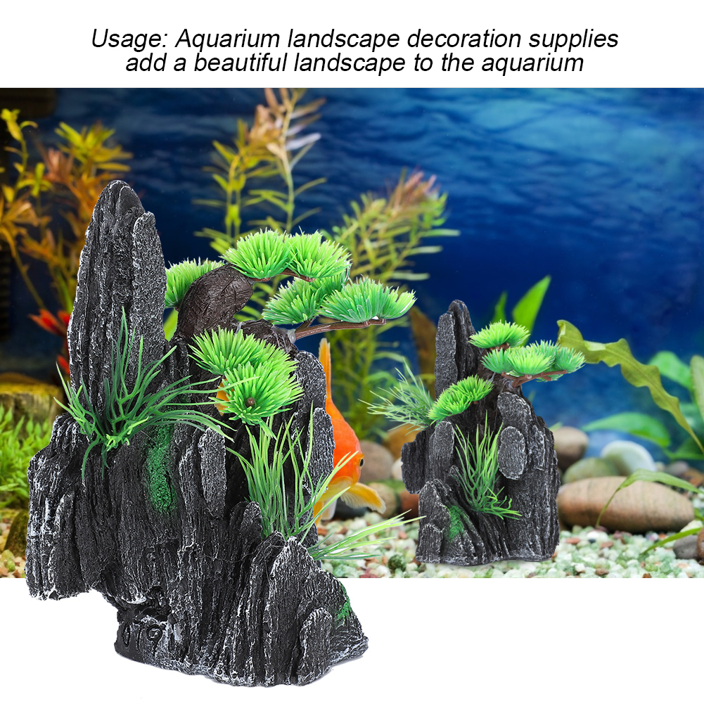 Aquarium Mountain View Stone Ornament, Fish Tank Decoration, Small Plants