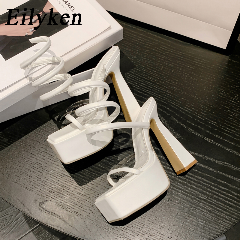 Eilyken New Summer Open Toe Square High Heels Sandals Women Solid Platform Ankle Strappy Nightclub Banquet New Female Shoes 8fb7
