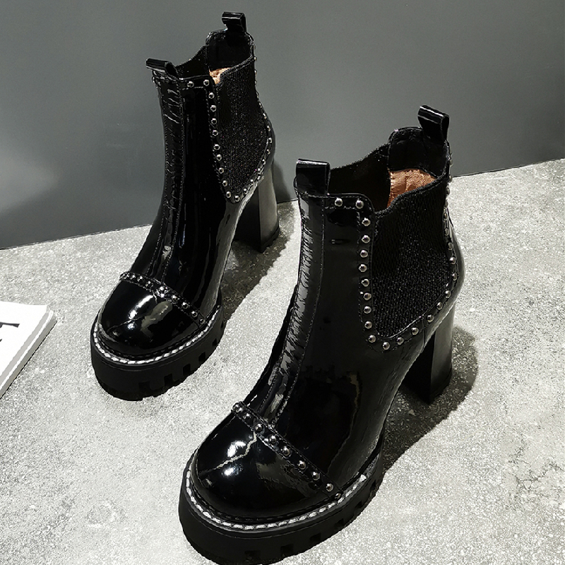Leather Genuine Ankle Boots For Women Rivets Black Block Heel Short Boot Mirror Metallic Party Shoes y 087a