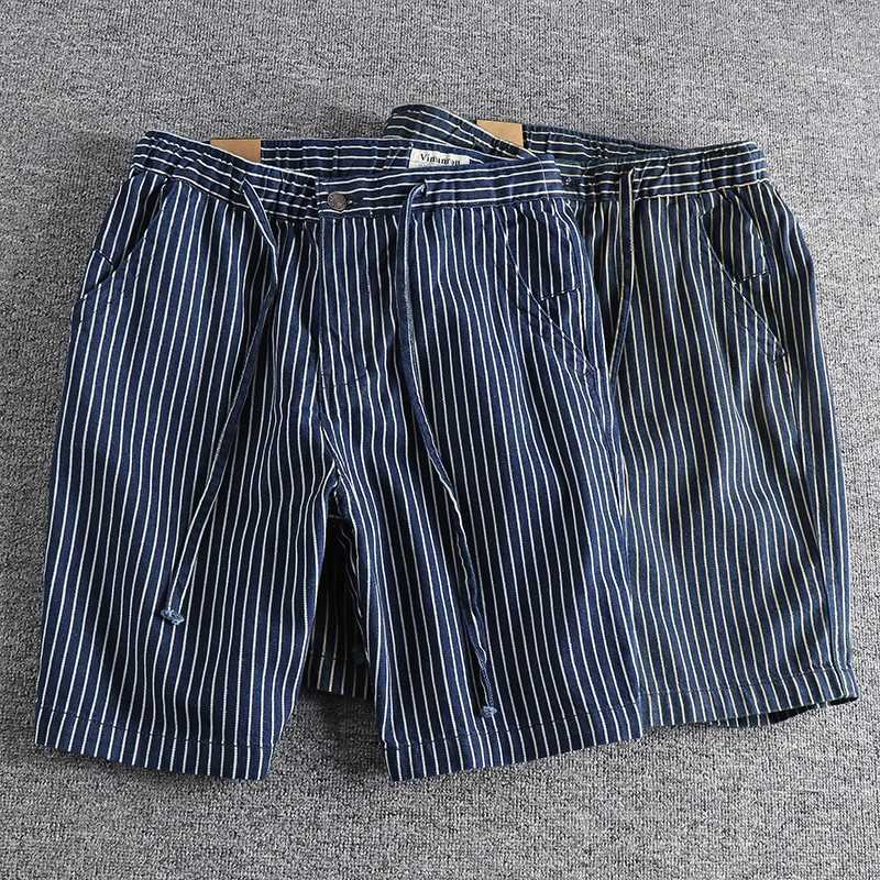Retro Pinstripe Washed Denim Shorts for Men Blue Casual Loose Straight Half Pants for Youth Male 100% Cotton Harajuku VintageX240914