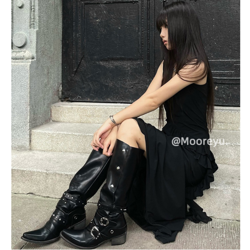 Women High-heeled Pointed Toe Long Boots for Woman Sexy Punk Gothic Knee High Boot Retro Cowboy Knight Botas Altas Mujer cbf8