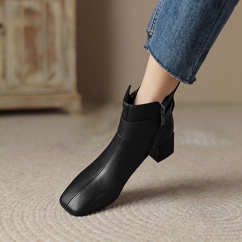 Autumn NEW Genuine Leather for Women Square Toe Chunky Heel Shoes Casual Zipper Modern Retro Black Boots fdd9