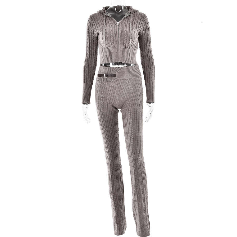 2024 Hot selling new sexy and fashionable long sleeved hooded top, straight leg pants, knitted sweater set for women
