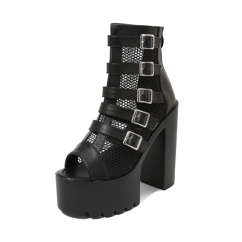 Goth Platform Block Heels Buckle Decor Black Women Sandals Ankle Strap Open Toe Summer Party Vintage Prom Shoes Pumps