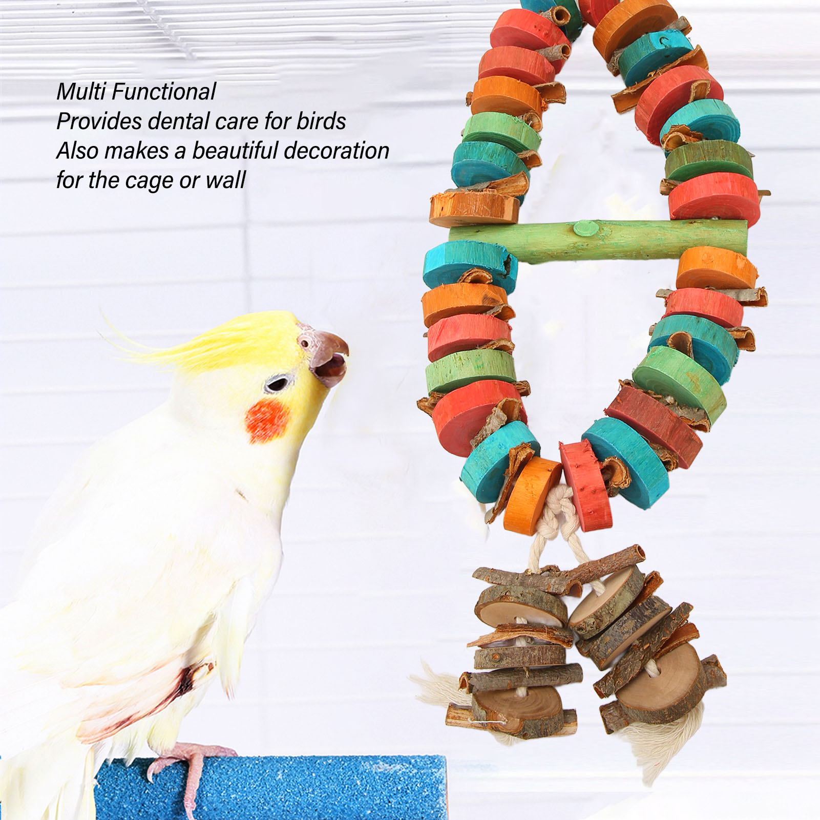 Bird Chewing Toy Beak Grinding Tear Resistant Wooden Bird Cage Toy With Hook For Medium Large Parrots