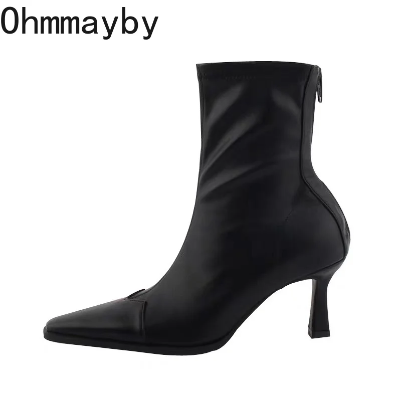 Toe Pointed Women Short Boots Fashion Zippers Slim Ankle Booties Thick High Heel Autumn Winter Ladies Shoes 7cbc