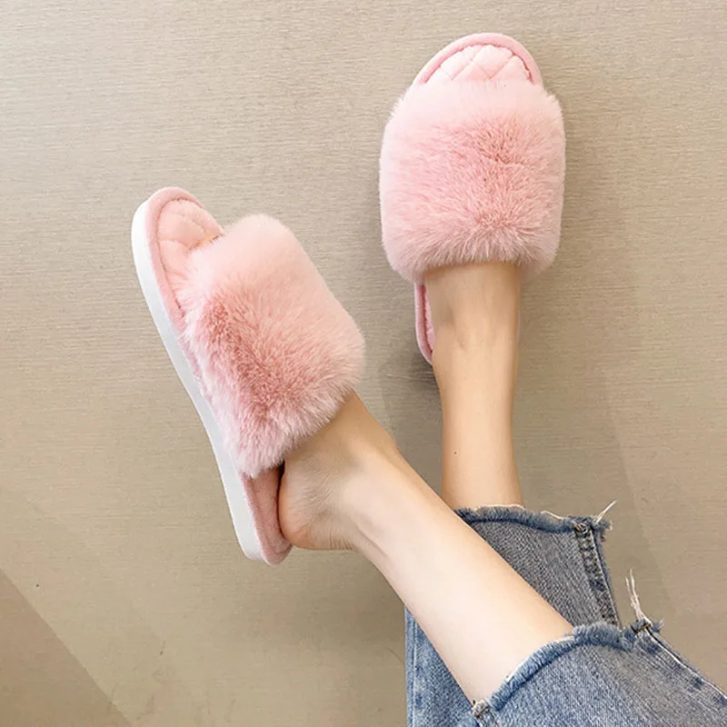 2023 New Woman Slippers Winter Simple Word Fur Flats Soft Home Women Slippers Faux Fur Warm Bedroom Leisure Female Slides Shoes